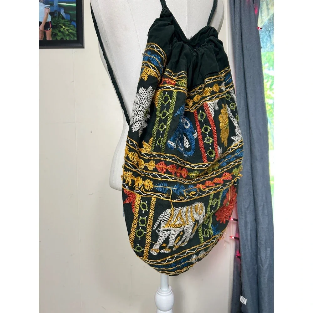 Boho Embroidered Elephant Drawstring Backpack Cotton Festival Hippie Tribal